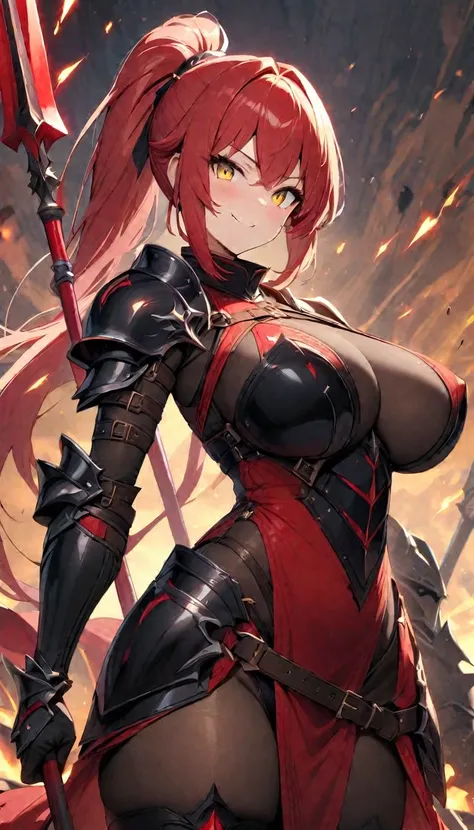 masterpiece,best quality, knight, long hair, red hair, ((Ponytail)), yellow eyes, perfect face, black armor,, ((exposed arm)), red_ornaments, red_tabard, thong, belt, Spear, ((big tits)), exposed belly, smiling, 1girl, strikes, Perfect face, thick thighs, ...