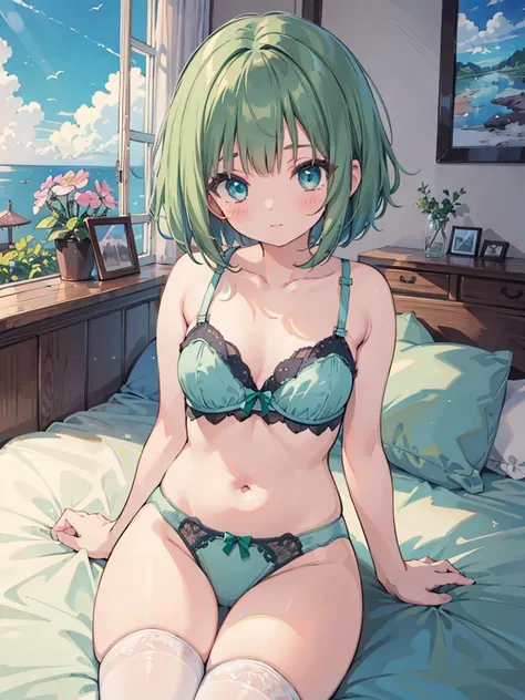 masterpiece, beautiful illustrations, highest quality, pretty girl, 1girl, Bedroom, pastel colour, (two-separated lingerie), cute lingerie, (Spring Green bob cut), bright lighting, sky-blue eyes, presenting, looking at viewer, on bed