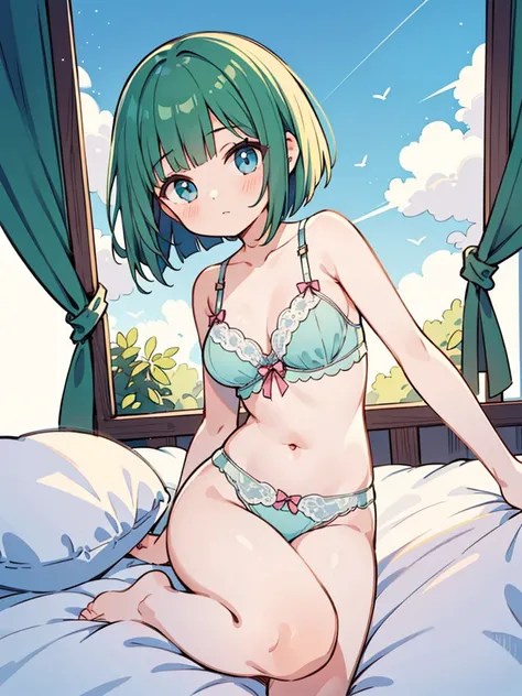 masterpiece, beautiful illustrations, highest quality, pretty girl, 1girl, Bedroom, pastel colour, (two-separated lingerie), cute lingerie, (Spring Green bob cut), bright lighting, sky-blue eyes, presenting, looking at viewer, on bed