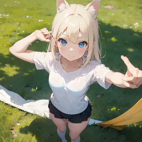 a cat eared white skin blond hair blue eyes girl is doing yoga, holding up her hands and standing on the grass outside.