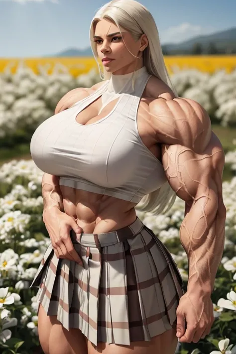 ((((Massive, tall, beautiful, buff, muscular brown skinned woman with white hair, ginormous bulky muscles, huge bulging veins, and wearing a white plaid cropped top with white pleated skirt)))), black eyeliner, (massive muscles), massive biceps, hyper musc...