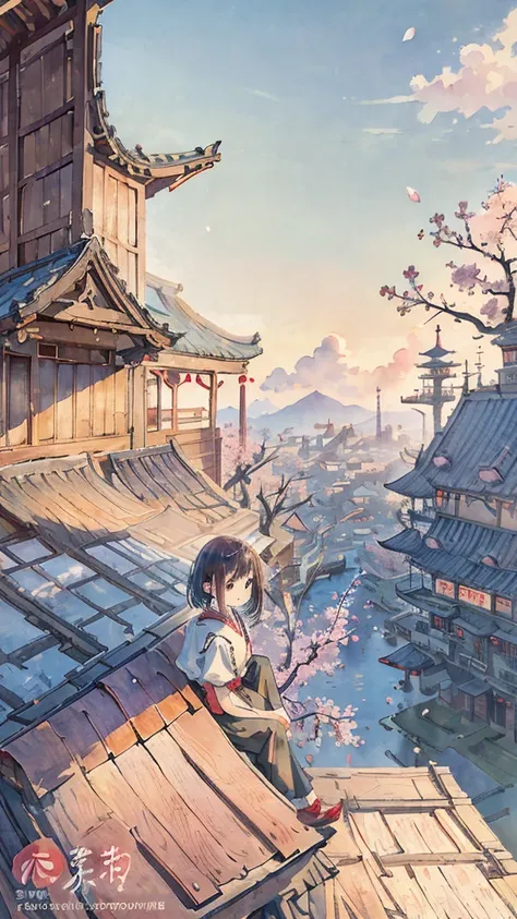 highest quality, masterpiece, very detailed, detailed background, anime, 1 girl, young girl, short girl, SF, cherry blossoms, outdoor, morning, greenhouse, giant structure, Wind景, scenery, horizon, rooftop, sitting on rooftop, Wind, avert your eyes, atmosp...