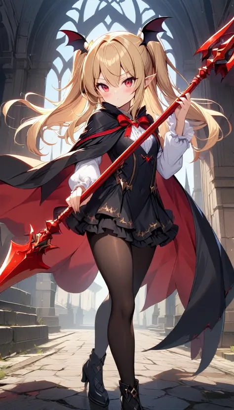 1girl, solo, blonde-hair, red-eyes, pointy-ears, looking-at-viewer, long-hair, pantyhose, vampire, holding, dress, two-side-up, black-pantyhose, hair-ornament, holding-weapon, weapon, black-dress, cape, bat-hair-ornament, standing, long-sleeves, blush, thi...