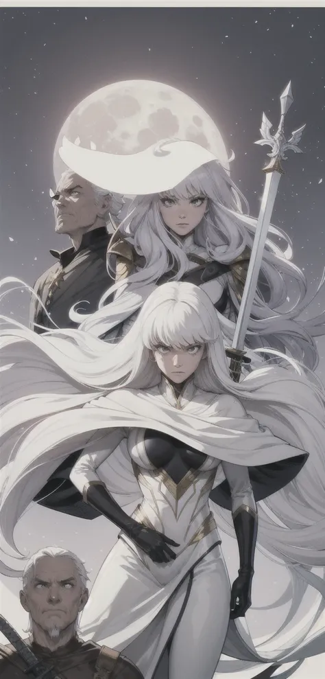 a cartoon picture of a woman with long white hair and a sword, female moon knight, emma frost, griffith, chris bachalo, white hair floating in air, white haired deity, gandalf as a woman, chris bachalo comic art, griffith from berserk, god of winter, posuk...