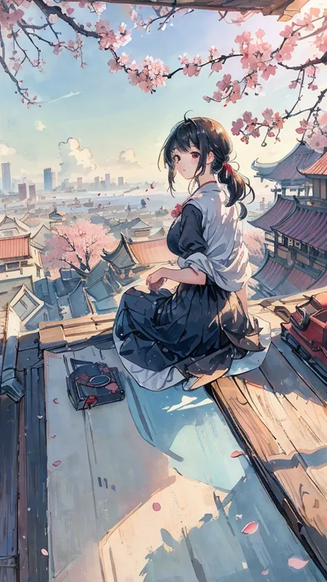 highest quality, masterpiece, very detailed, detailed background, anime, girl1名, 若いgirl, girl, SF, cherry blossoms, outdoor, morning, greenhouse, giant structure, Wind景, scenery, horizon, rooftop, sitting on rooftop, Wind, avert your eyes, atmosphere light...