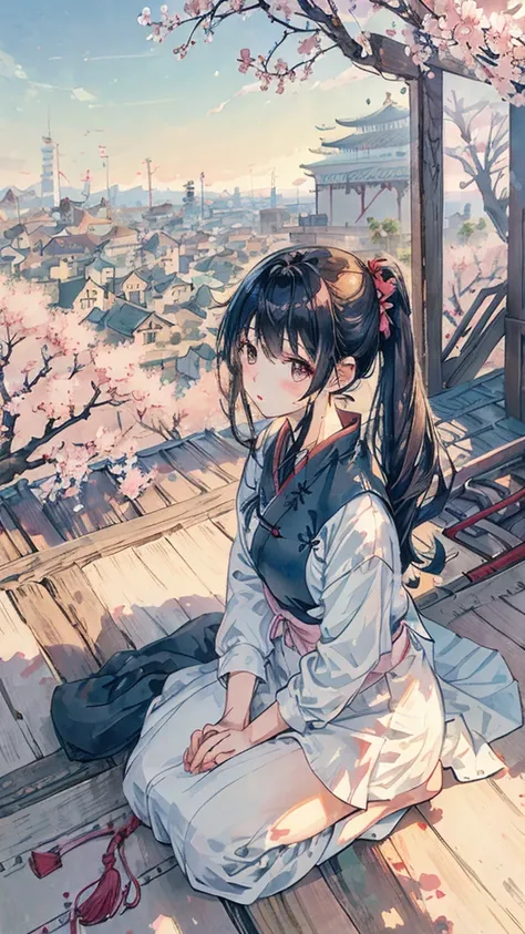 highest quality, masterpiece, very detailed, detailed background, anime, girl1名, 若いgirl, girl, SF, cherry blossoms, outdoor, morning, greenhouse, giant structure, Wind景, scenery, horizon, rooftop, sitting on rooftop, Wind, avert your eyes, atmosphere light...