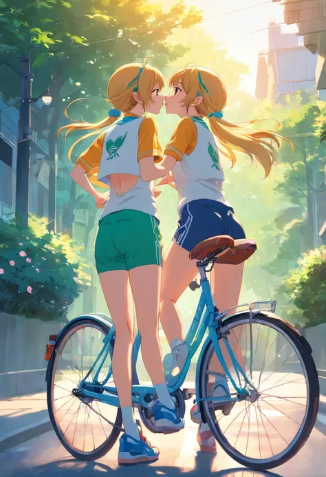 Two elf girls kiss while riding bicycles, in running shorts, short shorts,
