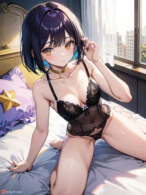 masterpiece, beautiful illustrations, highest quality, pretty girl, 1girl, Bedroom, pastel colour, (two-separated black lingerie), sexy lingerie, (deep violet hair),bob cut, bright lighting, (golden eyes), presenting, looking at viewer, on bed