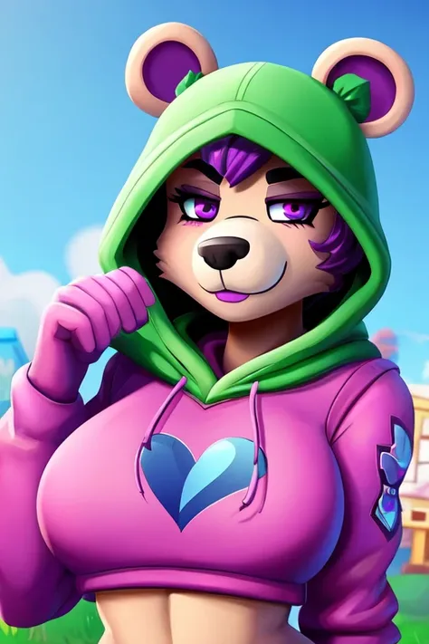 Best quality. A Block bear. That Just. Wheres a hood with You can only see the face at the hoodie. purple eyes, a purple mouth. With a purple broken heart at the fronthats a girl Naked. from Fortnite.