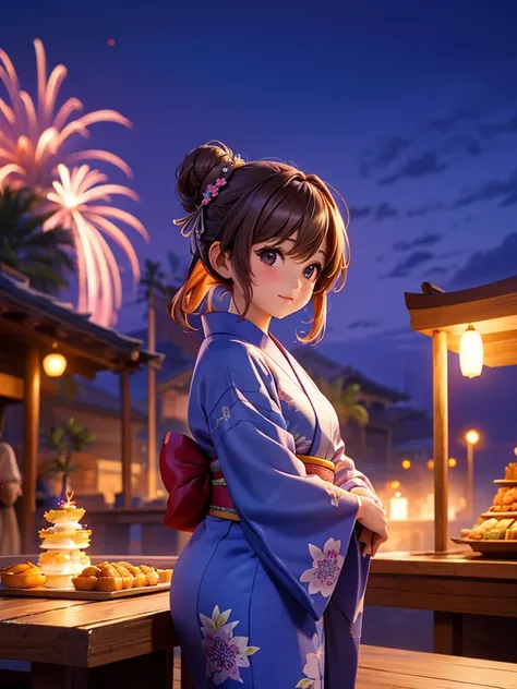 ​Masterpiece、background with（（Fantasy fireworks、night sky、Food stalls;Street vendors））、a beautiful girl、huge 、Long bronzed hair、Yukata with rich details、Buns and hair accessories、slim