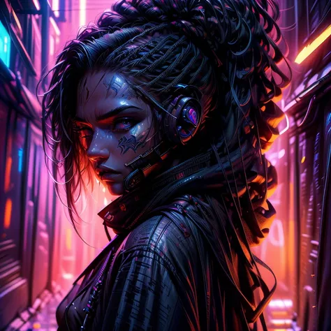 in the style of luis royo featuring a woman's face adorned with tattoos, cyberpunk beautiful woman, big headset, solid backgroun...