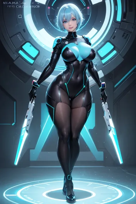 1girl, white skin, light skin, smile, light smile, blue hair, short hair, blue eyes, large breasts, breasts, wide hips, black bodysuit, bodysuit, sleeves, short sleeves, pantyhose, futuristic, science-fiction, neon trim, neon, full_body, ((full body)), sta...