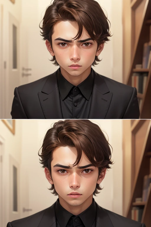 Boy with medium-tall brown hair, brown eyes and a black suit doing a blank pose with a flat expression and no feelings, menino brasileiro pardo, do queixo fino.