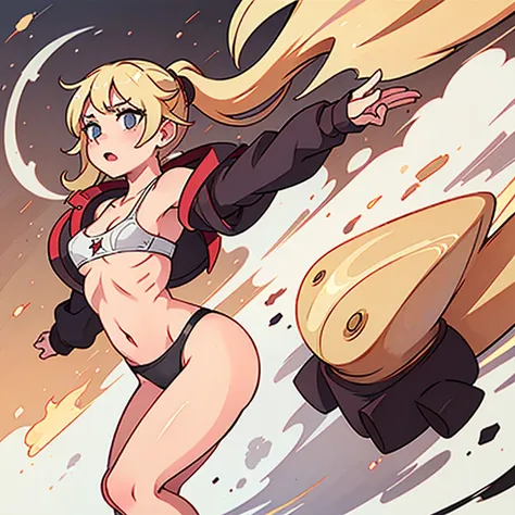 Blonde anime girl with a ponytail unclipping her bra while facing away from camera, blonde, anime, girl, flat chest, , underwear, unclipping bra, unfastening bra, facing away, full body, rear, butt, booty, arms on bra clip, thigh gap, taking off bra, breas...