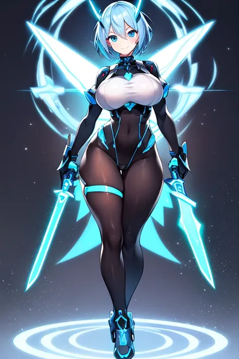 1girl, white skin, light skin, smile, light smile, blue hair, short hair, blue eyes, large breasts, breasts, wide hips, black bodysuit, bodysuit, sleeves, short sleeves, pantyhose, black pantyhose, futuristic, science-fiction, neon trim, neon, full_body, (...