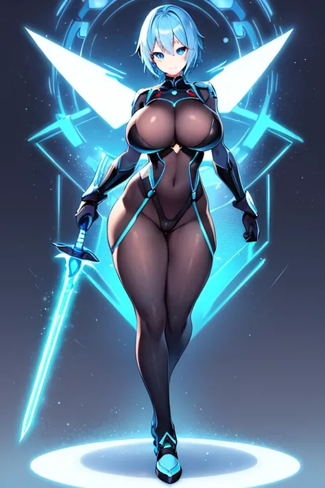 1girl, white skin, light skin, smile, light smile, blue hair, short hair, blue eyes, large breasts, breasts, wide hips, black bodysuit, bodysuit, sleeves, short sleeves, pantyhose, black pantyhose, futuristic, science-fiction, neon trim, neon, full_body, (...