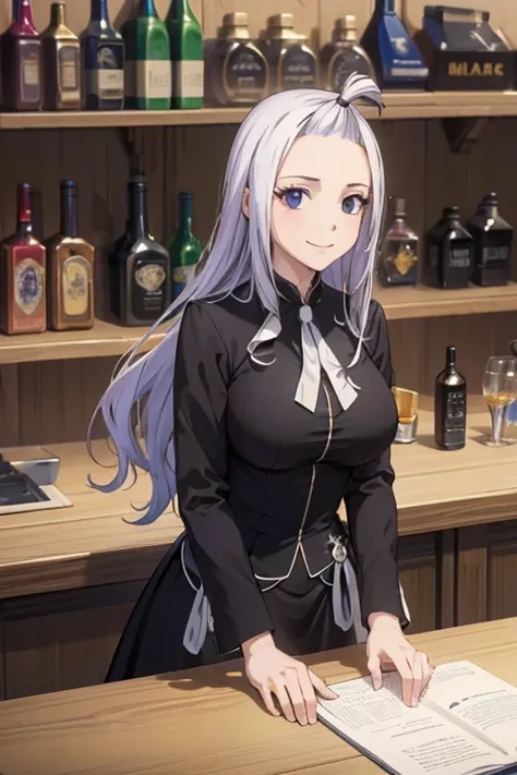 (best quality,4k,8k,highres,masterpiece:1.2),ultra-detailed,realistic,photorealistic:1.37, Mirajane Strauss, with a beautiful smile, wearing a black suit dress 