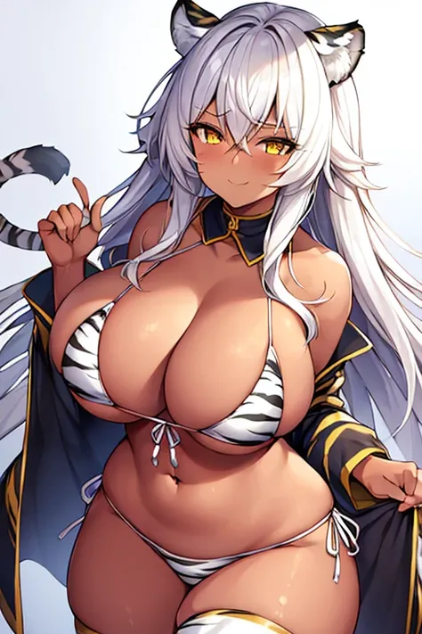 1girl, large breasts, wide hips, thick thighs, dark-skinned female, dark skin, white hair, yellow eyes, tiger print, tiger ears, highleg, highleg bikini, micro bikini, tiger tail, smile, smirk, smug, forest, white tiger, white tiger print, white stripes, t...