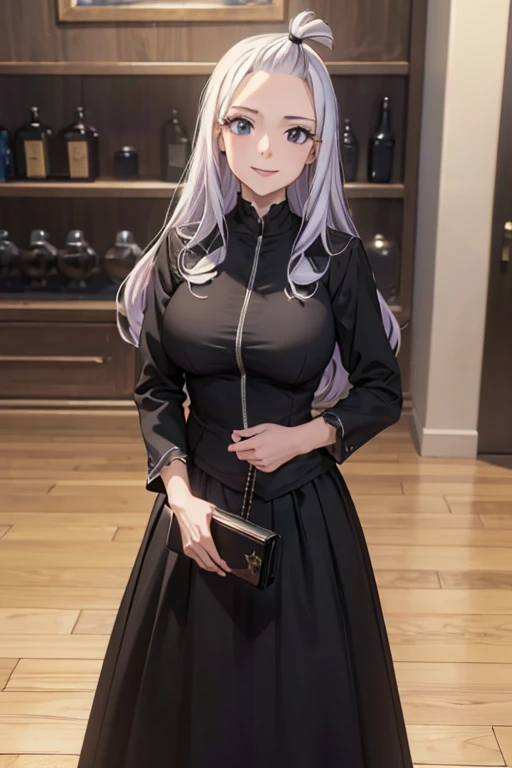 (best quality,4k,8k,highres,masterpiece:1.2),ultra-detailed,realistic,photorealistic:1.37, Mirajane Strauss, with a beautiful smile, wearing a black suit and a long black skirt 