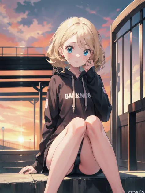 gonzarez, masterpiece, Serenaj, 1girl, solo, blonde hair, hoodie, blue eyes, confused, cute, naked legs, bridge, morning, sun rise