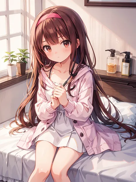 masterpiece, beautiful illustrations, highest quality, pretty girl, 1girl, (bedroom), pastel colour, (bath towel), reddish brown...