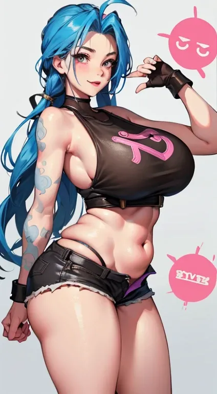 Jinx,meaty thighs，Poster style，Insgram,posture，short shorts，Western Metal，beautiful breasts、huge breasts:1.4，plump breasts，Happy expression