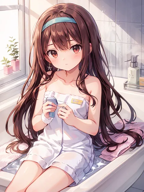 masterpiece, beautiful illustrations, highest quality, pretty girl, 1girl, (Bedroom), pastel colour, (bath towel:1.5), reddish brown long hair, headband, bright lighting, presenting, looking at viewer, on bed, after bathing