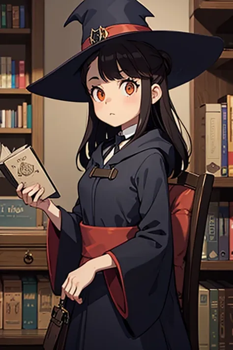 A   black haired female witch with orange eyes in a conservative Victorian dress is picking out a book