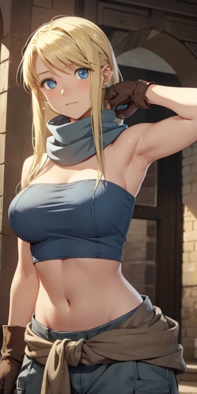 winry rock bell, winry rockbell, blue eyes, blonde hair, rest gloves, navel, split, bare shoulders, clavicle, earrings, diaphrag...