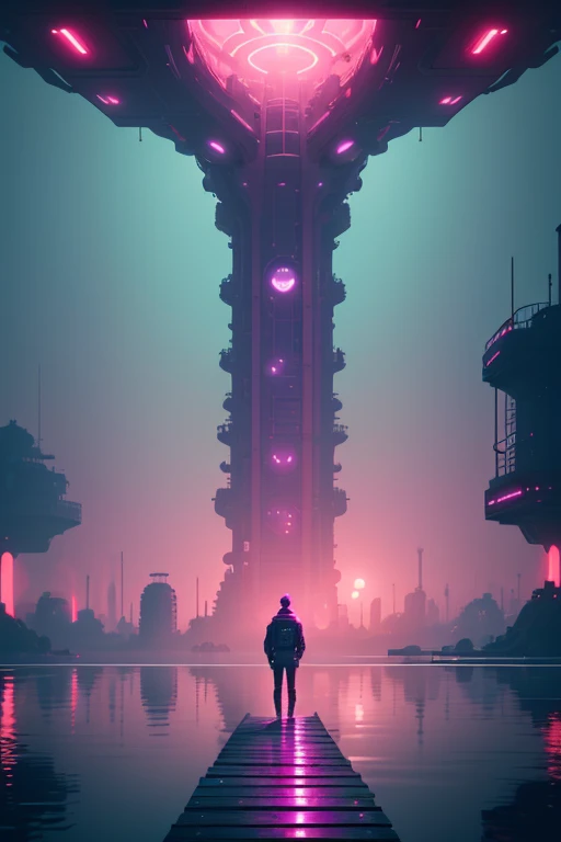 a man standing on a dock next to a body of water, inspired by Paul Lehr, polycount contest winner, afrofuturism, forest pink fog planet, animation still screencap, magenta and crimson and cyan, cyberpunk garden