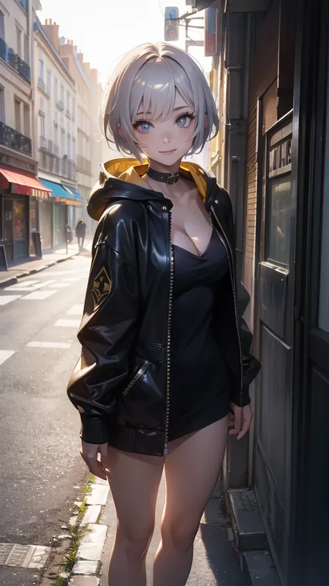 (Highly detailed CG unit 8k wallpaper, masterpiece, High resolution, highest quality, natural skin texture), Composition from head to stomach:1.5, (20 year old woman, selfie pose:1.3, smile, detailed eyes, gradient eyes), (Stalgic Fashion, Yellow hooded ja...