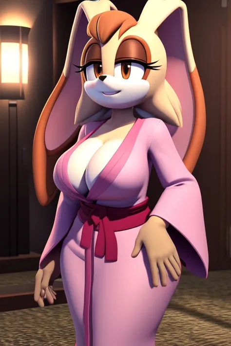 Masterpiece, high quality, studio quality, intricate details, 4k, 1girl, Vanilla the Rabbit, pink kimono, eyes open, brown eyes, big breasts