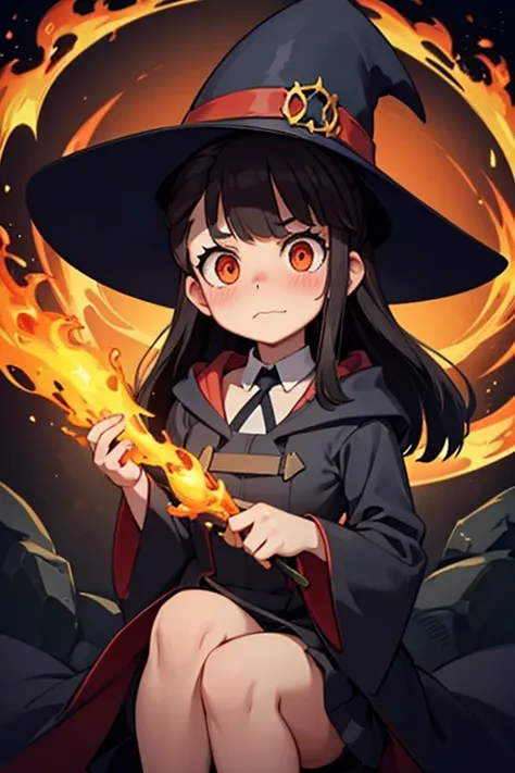 A   black haired female witch with orange eyes in a conservative Victorian dress is blushing with fire all around her