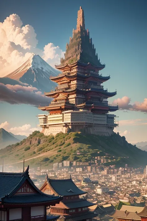 a city with a mountain in the background, a matte painting, inspired by Yoshida Hanbei, ukiyo-e, volcano, intricate ornate anime cgi style, japanese neighborhood, a hyper realistic
