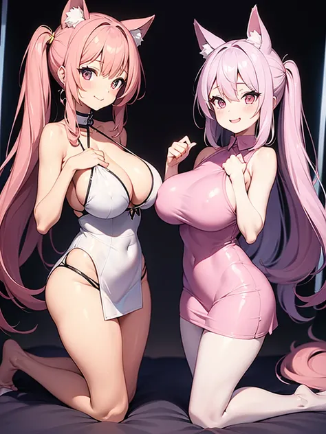 Happy , with wolf ears and pink hair, holding her cheeks, wolf tail, wearing a latex dress, looking at veiwer, full body, you can see her chest, naked breasts