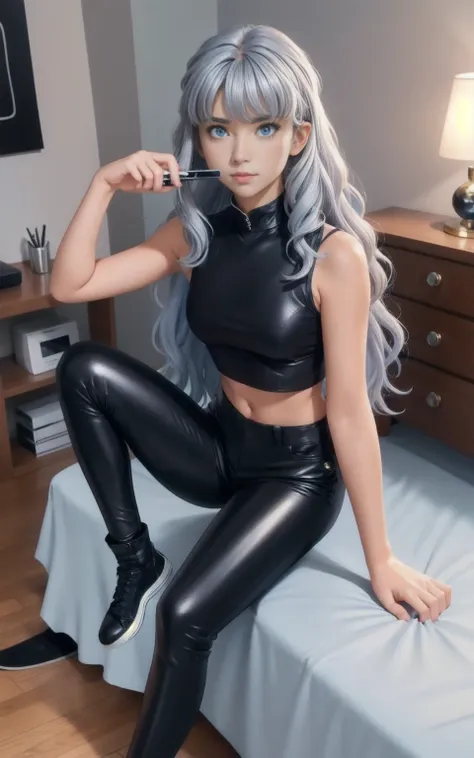 Girl with long wavy hair, silver hair, bang, Light blue eyes, sitting in his room, sitting pose and taking photos on your mobile phone, black croptop, black leather trousers, black converse, urban,