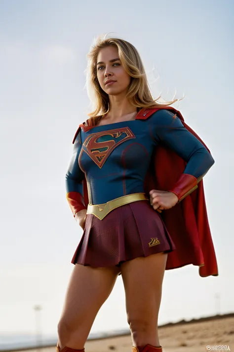 obra maestra, una mujer hermosa, (((foto de cuerpo completo))), (((supergirl 1984))). mini vestido blanco, ombligo expuesto, (gr...