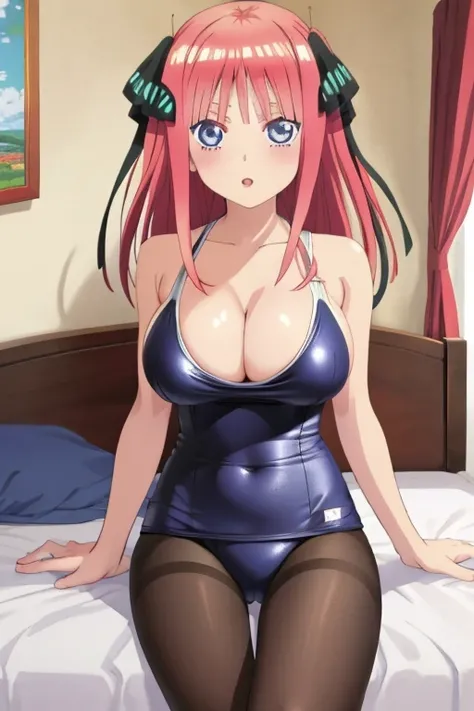 best quality, ultra-detailed masterpiece, anime art style, cute characters, nino nakano, one-piece swimsuit, large breasts, pantyhose, bed room