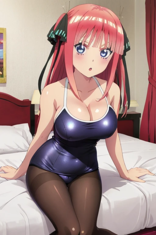 best quality, ultra-detailed masterpiece, anime art style, cute characters, nino nakano, one-piece swimsuit, large breasts, pantyhose, bed room