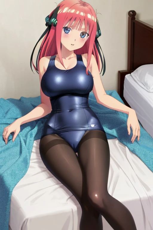 best quality, ultra-detailed masterpiece, anime art style, cute characters, nino nakano, one-piece swimsuit, large breasts, pantyhose, bed room