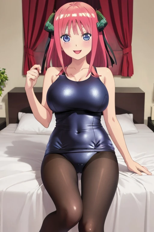 best quality, ultra-detailed masterpiece, anime art style, cute characters, nino nakano, one-piece swimsuit, large breasts, pantyhose, bed room, smile