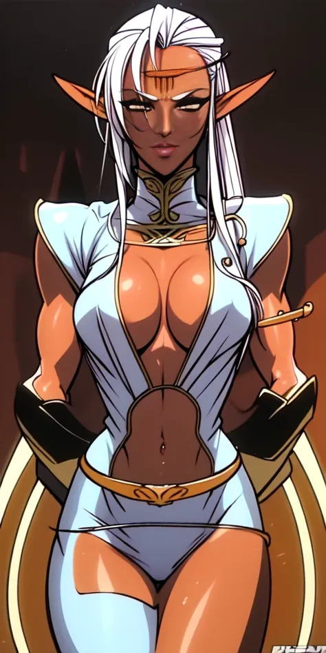 extremely long hair , ponytail, perfect anatomy 1 girl tall solo, slim thick,  ((muscular)) high elf toned body, silver breast plate, blue cape, slendered abs, hourglass waist, detailed face, defined cheekbones, puffy lips, gauntlets, gold crown, shadow ov...