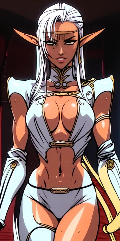 extremely long hair , ponytail, perfect anatomy 1 girl tall solo, slim thick,  ((muscular)) high elf toned body, silver breast plate, blue cape, slendered abs, hourglass waist, detailed face, defined cheekbones, puffy lips, gauntlets, gold crown, shadow ov...