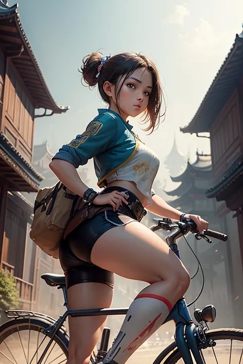 a girl rides a bicycle, in running shorts, short shorts, a painting of a city filled with lots of people, a detailed matte painting, by Fan Qi, fantasy art, infinity blade concept art, chinese palace, highly detailed 8k photo, traditional japanese concept ...