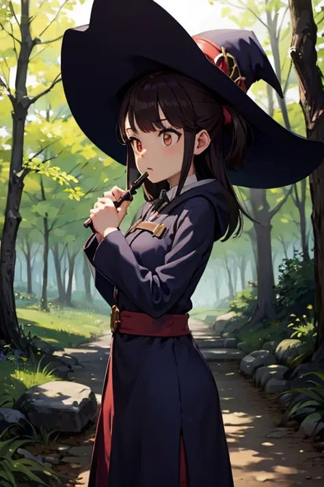 a   black haired female witch with orange eyes in a conservative victorian dress is practicing magic in the woods