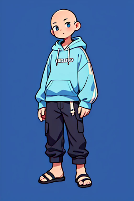 One man in his 20s、Sloppy、bald、Image color: Blue、Wearing sandals、hoodie、２Head-to-body deformed character、background simple、Be careful when drawing hands. Your fingers are５To be a book