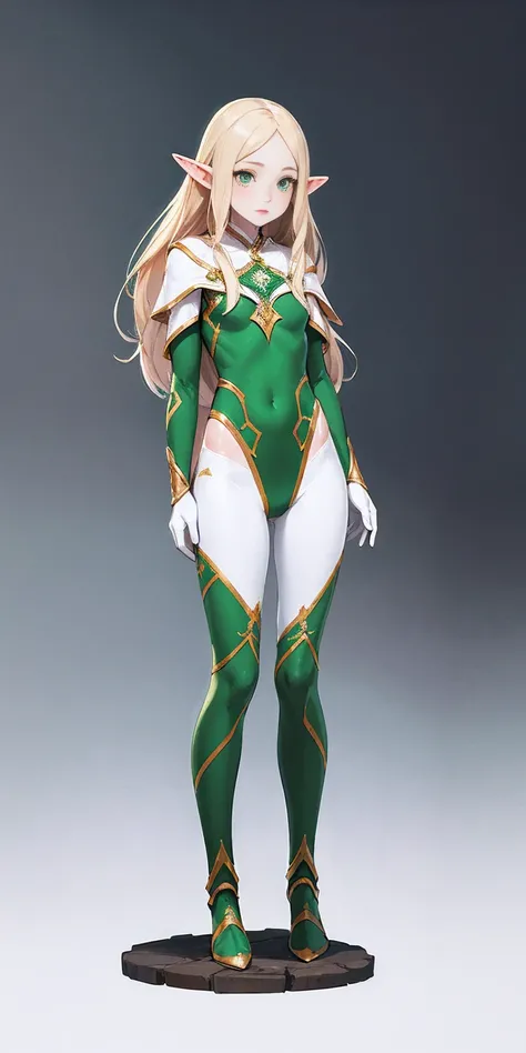 (masterpiece, best quality), (full body:1.6), standing (small fighting elven 1girl:1.6),(magical),(cute,adorable:1.3),blonde hair, green eyes, medium breast, beautiful, detailed, enchanted breastplate with precious gemstones, white thigh-high greaves, sedu...