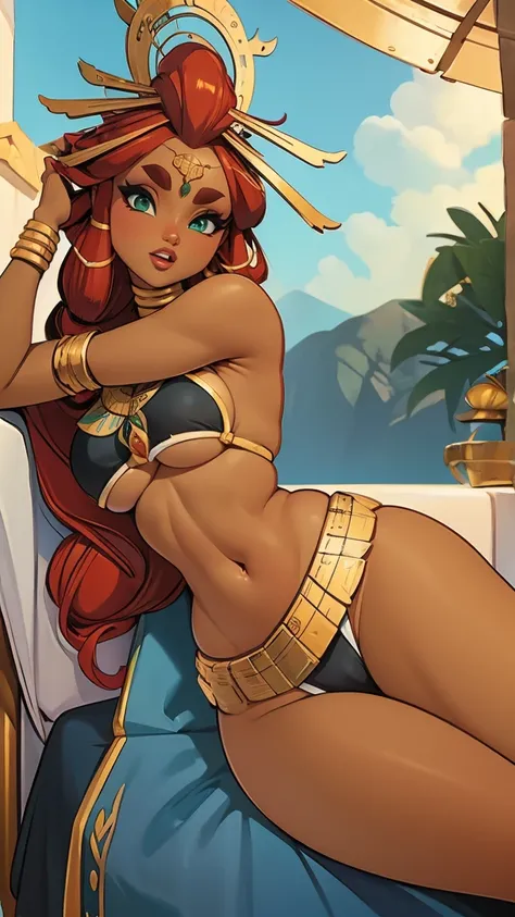 ((masterpiece)), ((best quality)), (detailed), perfect, solo, riju, gorgeous woman with armor bikini, luscious lips, red hair, huge breast, deep cleavage, huge breasts, sexy, lying down