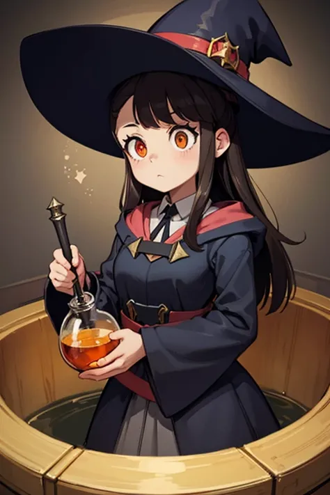 A   black haired female witch with orange eyes in a conservative Victorian dress is brewing a potion
