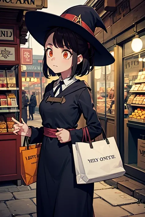 A   black haired female witch with orange eyes in a conservative Victorian dress is shopping in a creepy market place